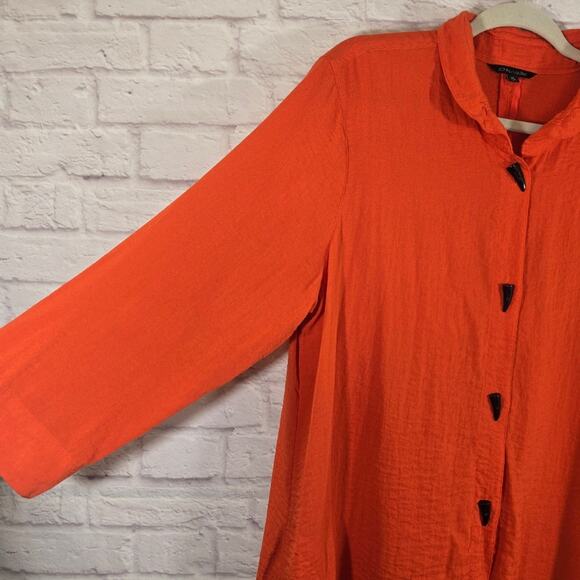 W John Mark Orange Woven Horn Toggle Button Down Shirt Blouse Sz XL Flowy Lagen - Picture 5 of 12